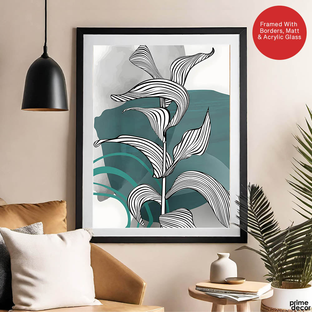 Black & White Tropical Leaves Over Green & Grey Background  | Abstract Floral Artwork #00209 - Prime Décor