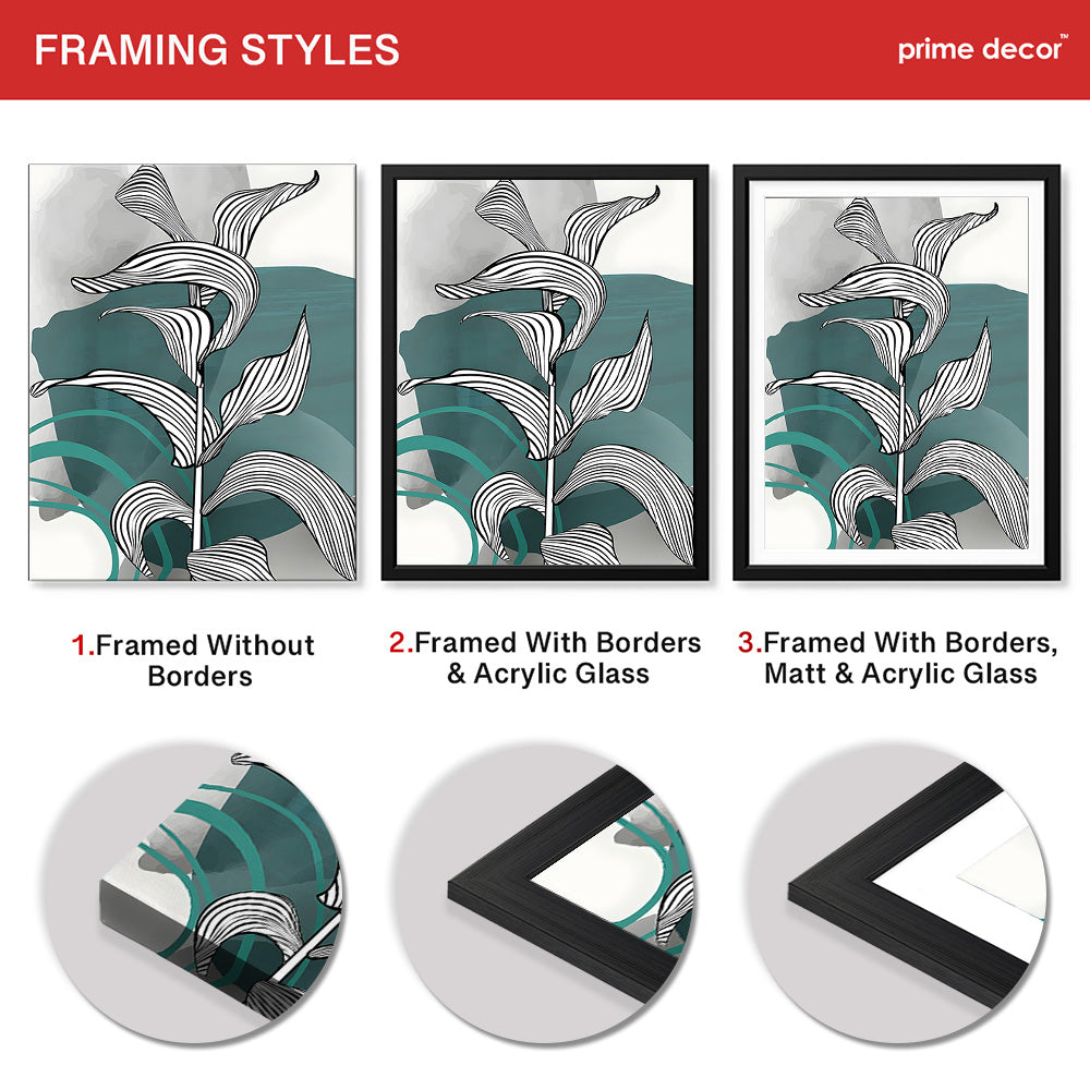 Black & White Tropical Leaves Over Green & Grey Background  | Abstract Floral Artwork #00209 - Prime Décor