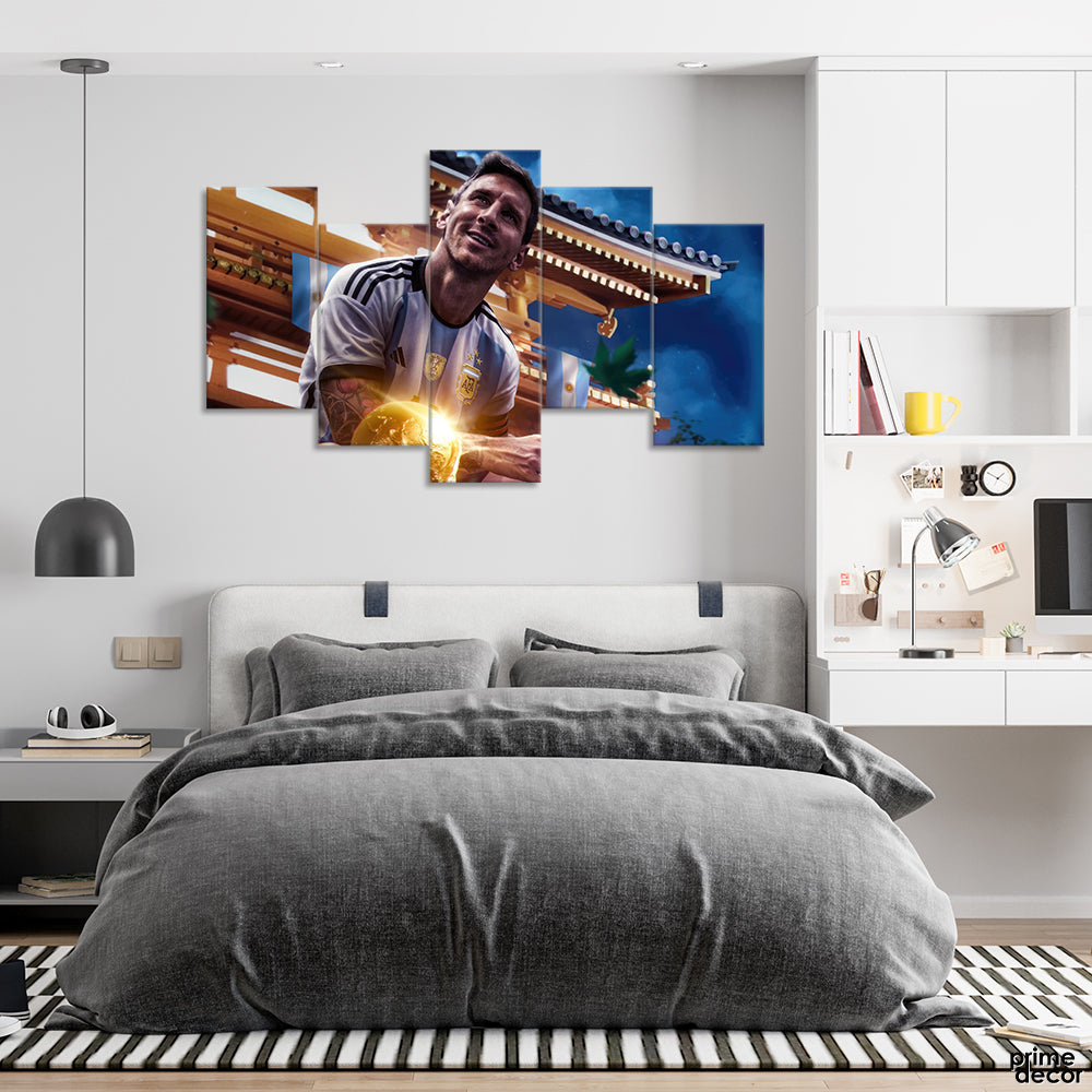 Messi With World Cup Trophy (5 Panel) Sports Wall Art - Prime Décor