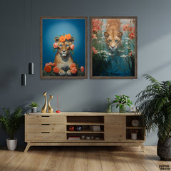 Aesthetic Tiger With Flowers In The River (2 Panel) Nature Wall Art