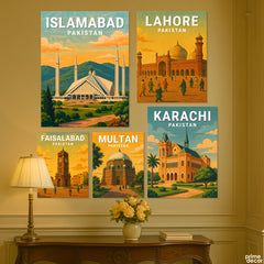 Major Pakistani Cities Illustration Set #02 (5 Panel) Travel Wall Art