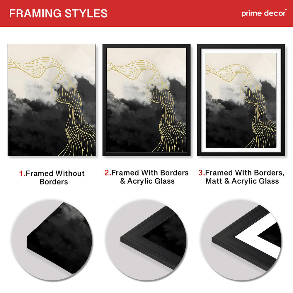 Black & White Background With Golden Lines | Abstract Office Artwork #0020 - Prime Décor