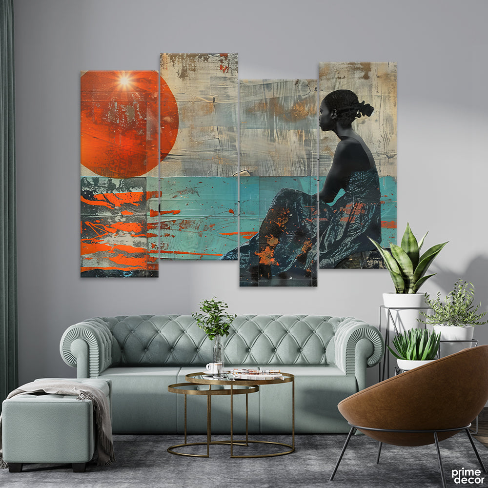 Abstract Colorful Design Of A Woman With Sun (4 Panel) Fashion Wall Art - Prime Décor