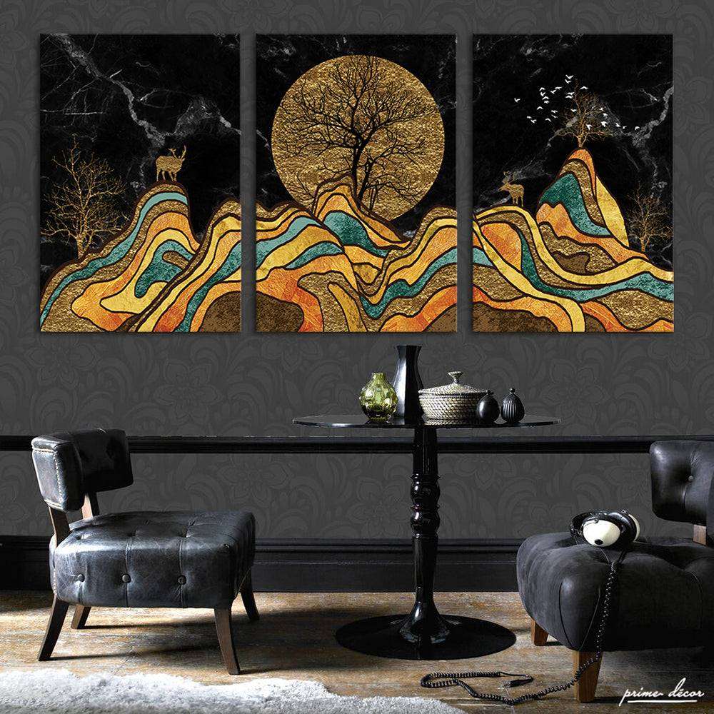 Abstract Night Mountain Deer (3 Panel) Nordic Wall Art - Prime Décor