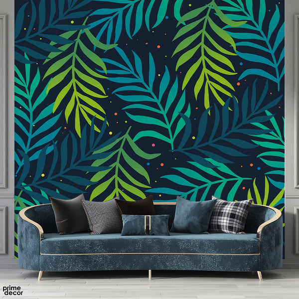 Abstract Green & Yellow Exotic Leaves Over Black Background | Floral Wallpaper Mural