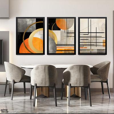 Abstract Black Gold & Orange Grey Geometric Artwork (3 Panel) Abstract Wall Art