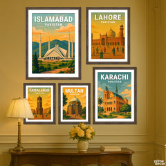 Major Pakistani Cities Illustration Set #02 (5 Panel) Travel Wall Art
