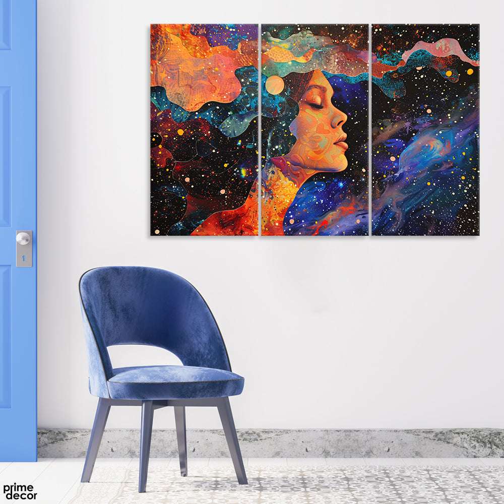 Abstract Woman Face Artwork With Colorful Neon Style Background  (3 Panel) Fashion Wall Art