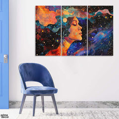 Abstract Woman Face Artwork With Colorful Neon Style Background  (3 Panel) Fashion Wall Art