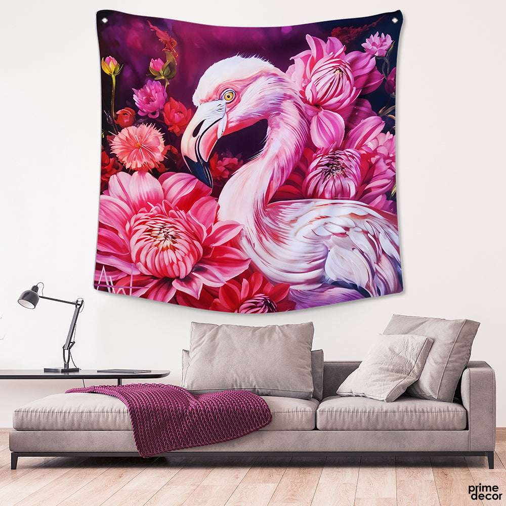 Flamingo With Pink Flowers Artwork | Nature Tapestry