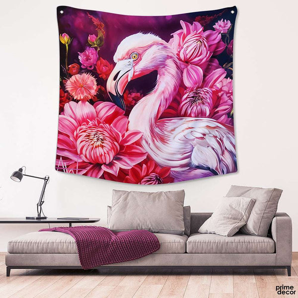 Flamingo With Pink Flowers Artwork | Nature Tapestry