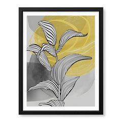 Black & White Tropical Leaves Over Yellow & Grey Background  | Abstract Floral Artwork #00210 - Prime Décor