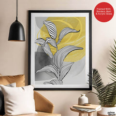 Black & White Tropical Leaves Over Yellow & Grey Background  | Abstract Floral Artwork #00210 - Prime Décor