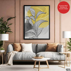Black & White Tropical Leaves Over Yellow & Grey Background  | Abstract Floral Artwork #00210 - Prime Décor