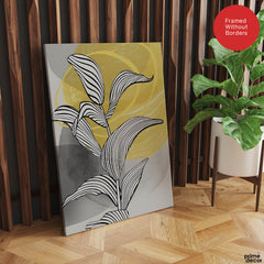 Black & White Tropical Leaves Over Yellow & Grey Background  | Abstract Floral Artwork #00210 - Prime Décor