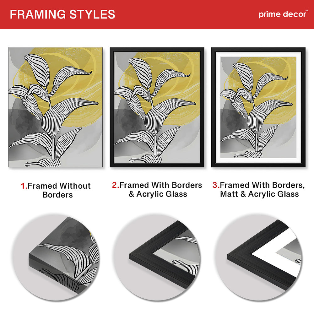 Black & White Tropical Leaves Over Yellow & Grey Background  | Abstract Floral Artwork #00210 - Prime Décor