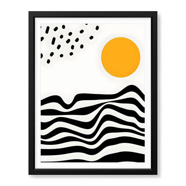 Black & White Waves Design With Gold Moon Over White Background  | Abstract Nature Artwork #00211 - Prime Décor