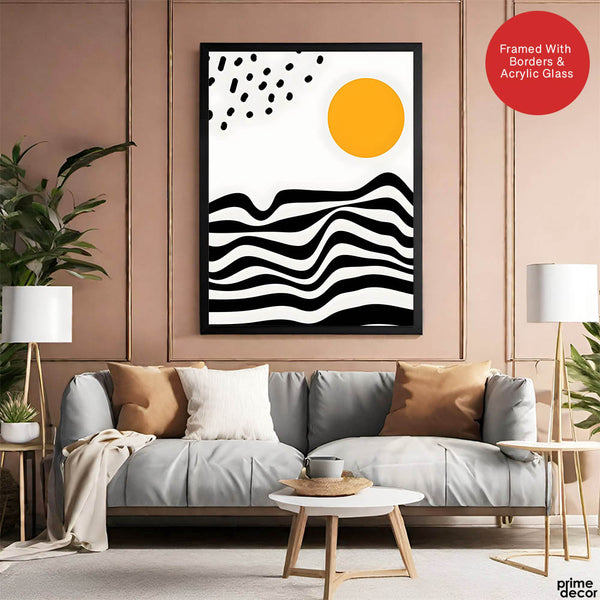 Black & White Waves Design With Gold Moon Over White Background  | Abstract Nature Artwork #00211 - Prime Décor