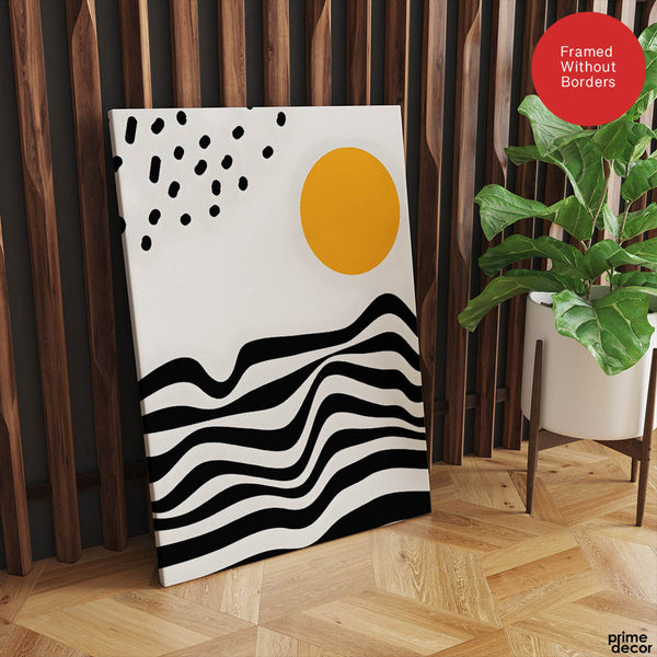 Black & White Waves Design With Gold Moon Over White Background  | Abstract Nature Artwork #00211 - Prime Décor