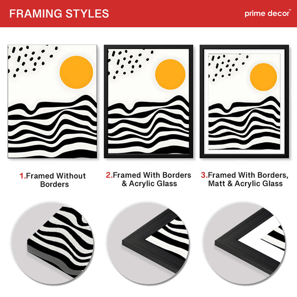 Black & White Waves Design With Gold Moon Over White Background  | Abstract Nature Artwork #00211 - Prime Décor