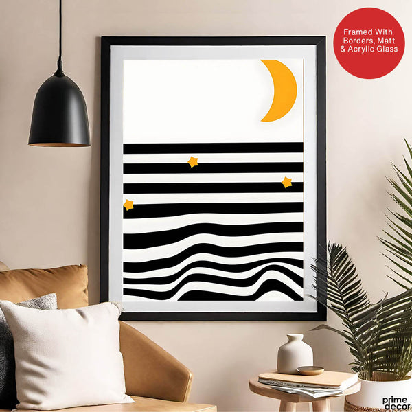Black & White Waves Design With Gold Moon Over White Background  | Abstract Nature Artwork #00212 - Prime Décor