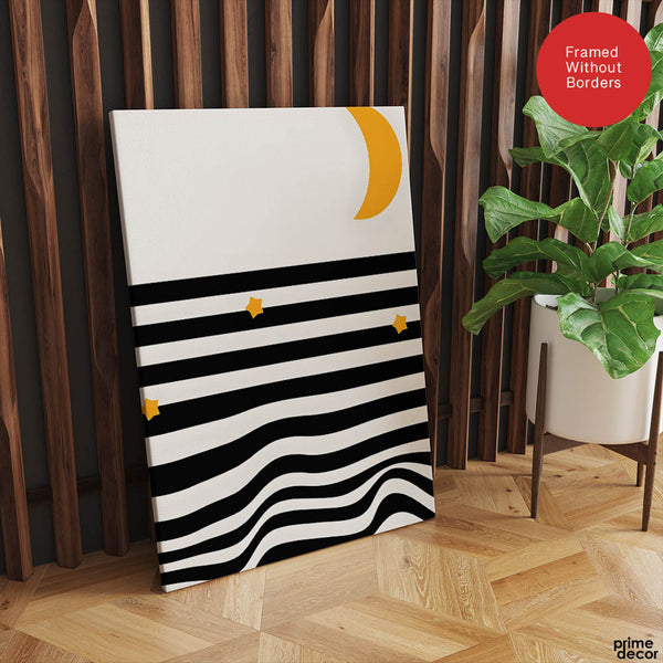 Black & White Waves Design With Gold Moon Over White Background  | Abstract Nature Artwork #00212 - Prime Décor