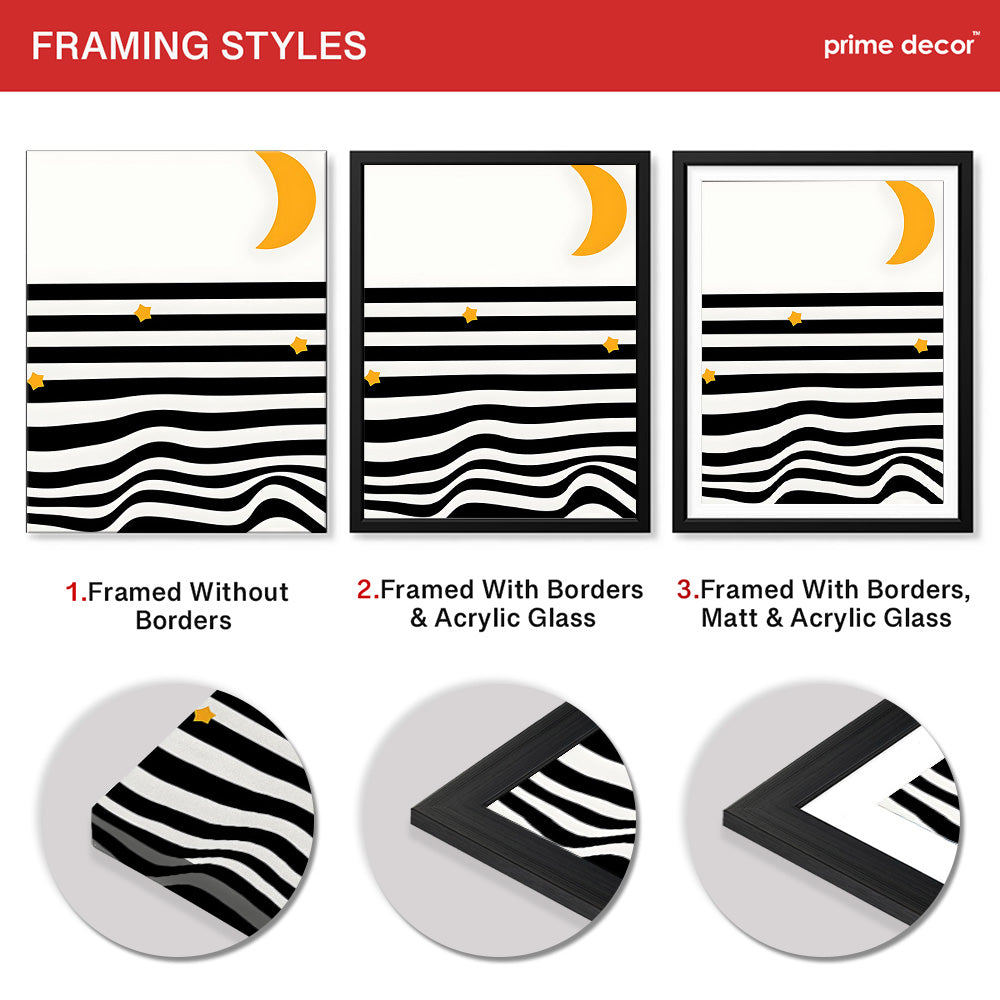 Black & White Waves Design With Gold Moon Over White Background  | Abstract Nature Artwork #00212 - Prime Décor