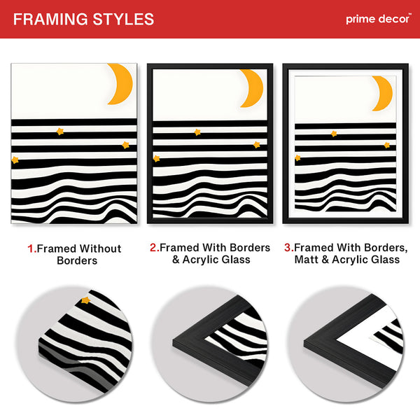 Black & White Waves Design With Gold Moon Over White Background  | Abstract Nature Artwork #00212 - Prime Décor