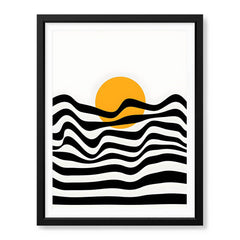 Black & White Waves Design With Gold Moon Over White Background  | Abstract Nature Artwork #00213 - Prime Décor