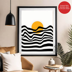 Black & White Waves Design With Gold Moon Over White Background  | Abstract Nature Artwork #00213 - Prime Décor
