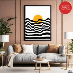 Black & White Waves Design With Gold Moon Over White Background  | Abstract Nature Artwork #00213 - Prime Décor