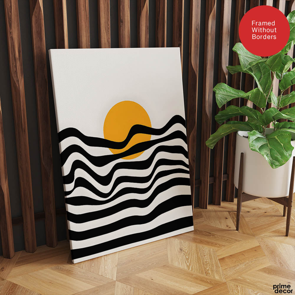 Black & White Waves Design With Gold Moon Over White Background  | Abstract Nature Artwork #00213 - Prime Décor