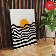 Black & White Waves Design With Gold Moon Over White Background  | Abstract Nature Artwork #00213 - Prime Décor