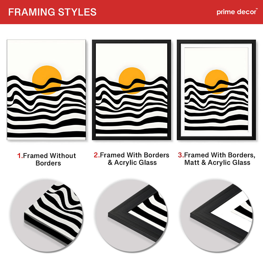 Black & White Waves Design With Gold Moon Over White Background  | Abstract Nature Artwork #00213 - Prime Décor