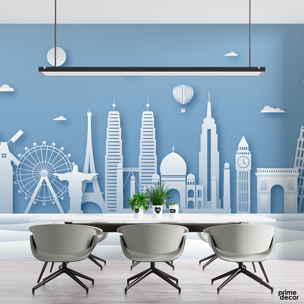 Blue Landmarks Skyline Paper Style | Travel Wallpaper Mural - Prime Décor