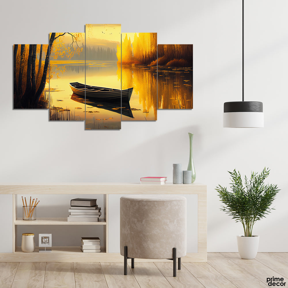 Lone Boat At Golden Hour Paint Stroke Style (5 Panel) Digital Wall Art - Prime Décor