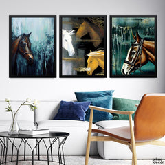 Abstract Black Gold & White Horses Artwork (3 Panel) Animal Wall Art