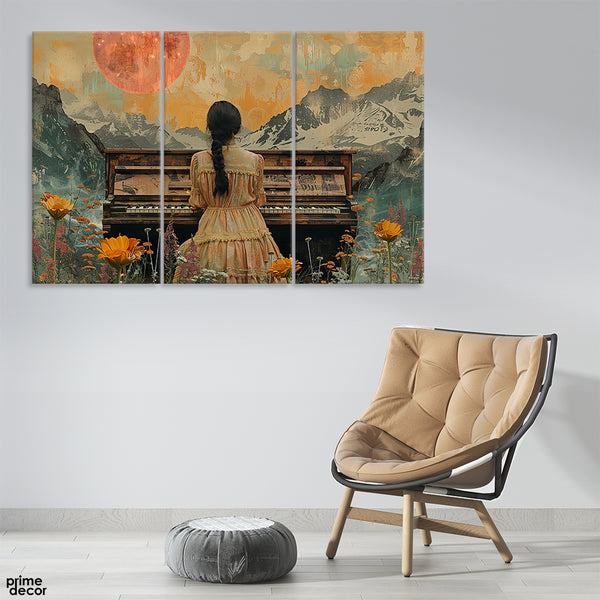 Beautiful Artwork Of A Girl In Mountain Melody (3 Panel) Nature Wall Art