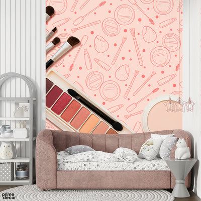 Abstract Red Pencil Artwork Of Salon Elements Over Pink Background | Fashion Wallpaper Mural