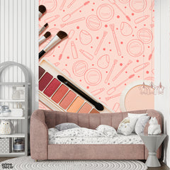 Abstract Red Pencil Artwork Of Salon Elements Over Pink Background | Fashion Wallpaper Mural