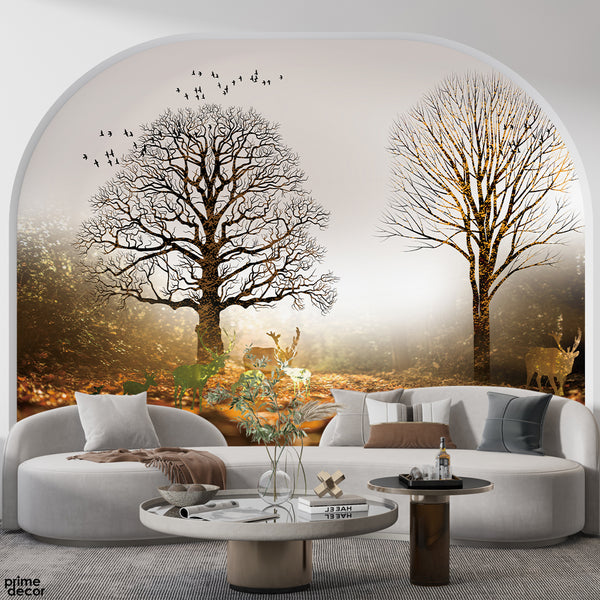Cartoon Style Golden Tree And Deer Artwork | Nature Wallpaper Mural