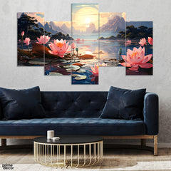 Beautiful Pink Flowers Floating In The River (5 Panel) Floral Wall Art - Prime Décor