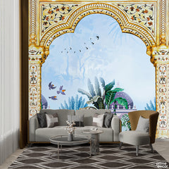 Ornate Palace Archway & Lush Foliage With Flying Birds | Scenic Wallpaper Mural