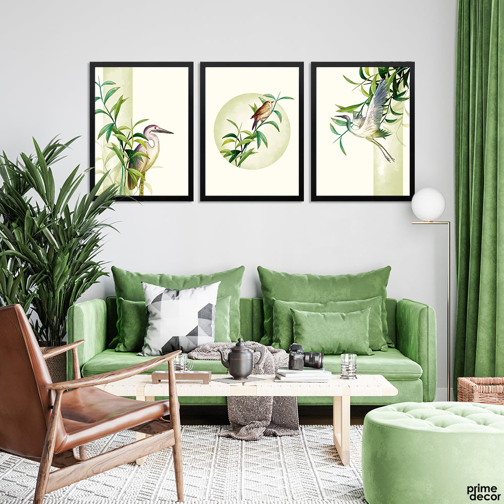Sparrow And Cranes On Leafy Branches (3 Panel) Nature Wall Art - Prime Décor