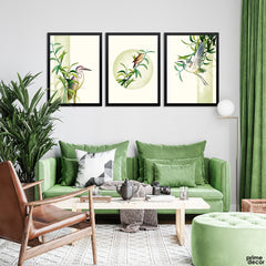 Sparrow And Cranes On Leafy Branches (3 Panel) Nature Wall Art - Prime Décor