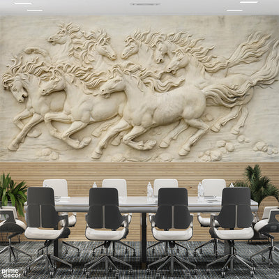 3D Style Horses Engraved In Stone | Office Wallpaper Mural