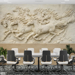 3D Style Horses Engraved In Stone | Office Wallpaper Mural
