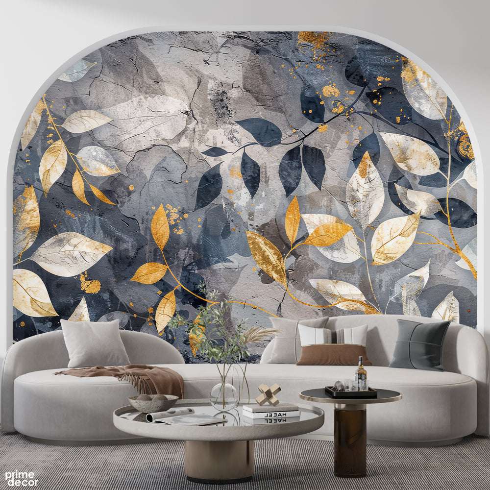 Beautiful Black & Gold Leaves Artwork Over Grey Background  | Floral Wallpaper Mural