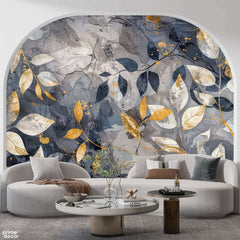 Beautiful Black & Gold Leaves Artwork Over Grey Background  | Floral Wallpaper Mural