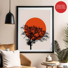 Beautiful Black Tree Over Red Sun With Beige Background  | Abstract Floral Artwork #00226 - Prime Décor